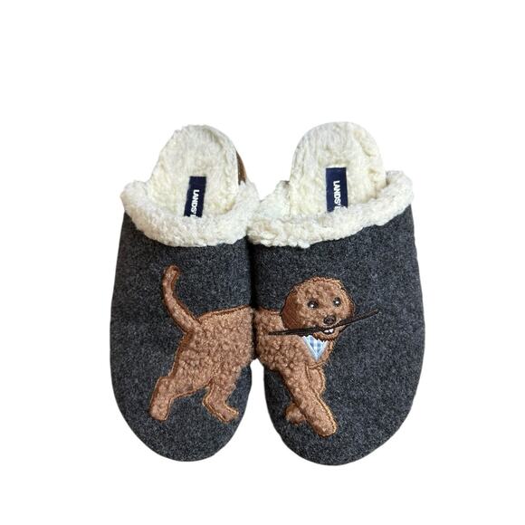 Lands End Felt Scuff Slippers Fetching Dog Sz 7B Faux Fur Rubber Sole Holidays - Picture 2 of 10